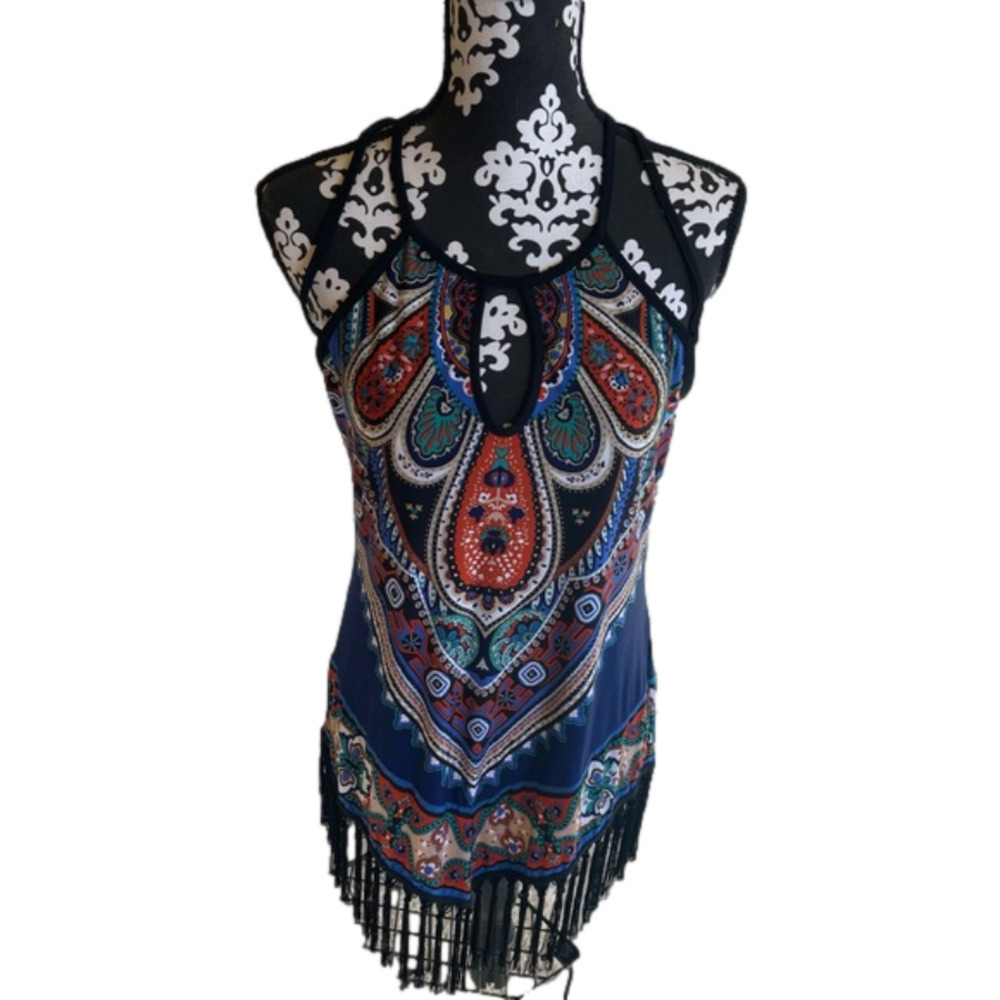 Venus Womens Size Medium Boho Printed Tassel Summer Sleeveless Strappy Tank Top